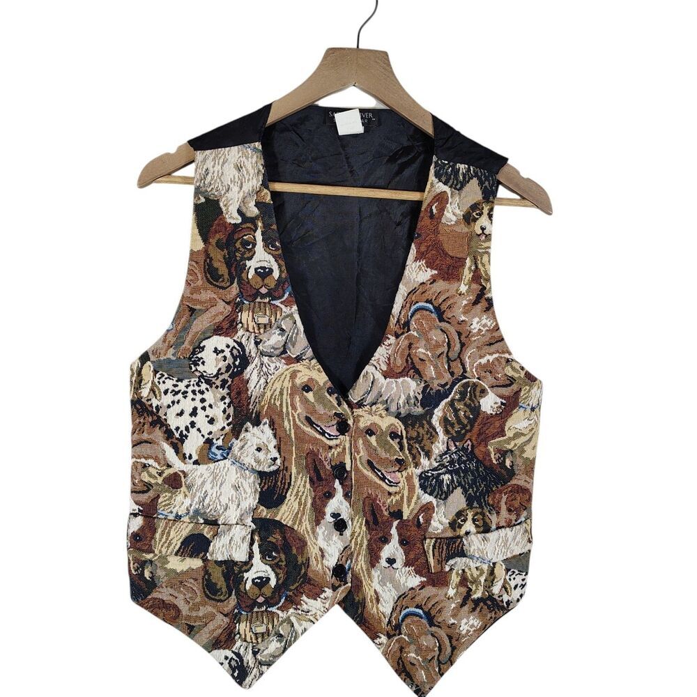 Vintage Dog Tapestry Vest L/XL Grandmacore Whimsical Animal Print Retro Quirky